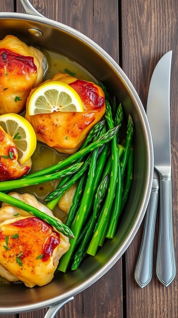 A one-pan meal of lemon garlic chicken thighs and asparagus on a rustic table.